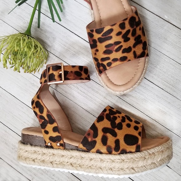 New Leopard Ankle Strap Platform Espadrille Sandals - Picture 1 of 3